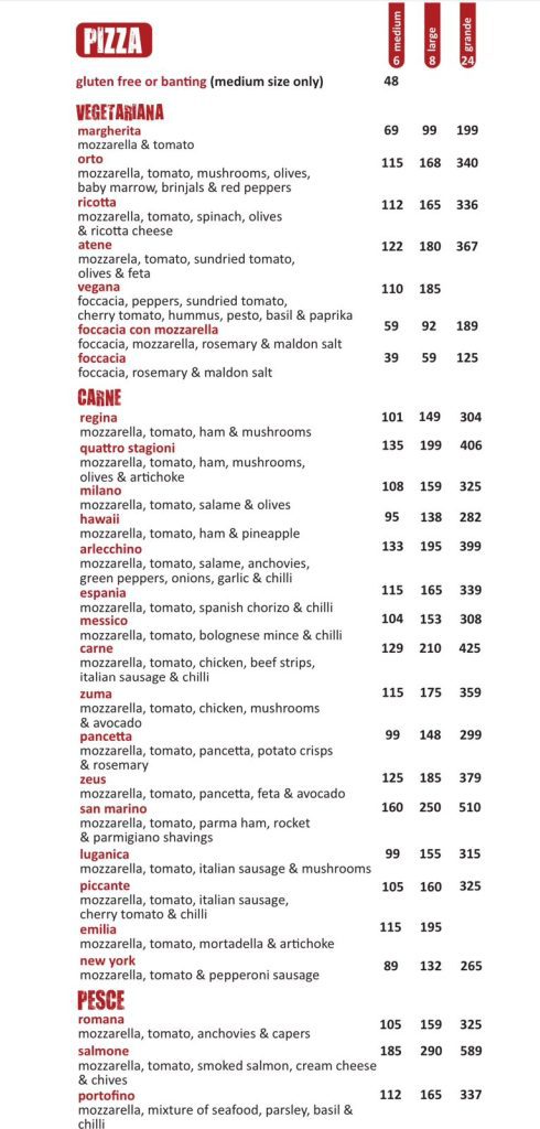 Detailed view of the Italian restaurant pizza menu