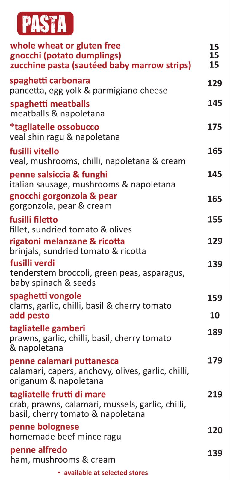 Detailed view of the Italian restaurant pasta menu