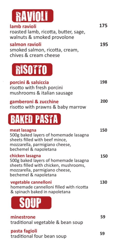 Detailed view of the Italian restaurant pastas menu