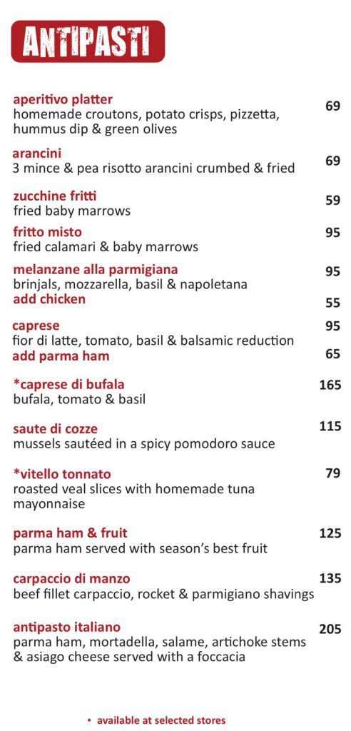 Detailed view of the Italian restaurant antipasti menu