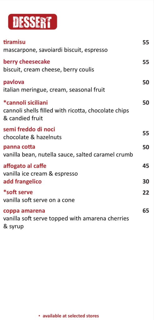 Detailed view of the Italian restaurant dessert menu